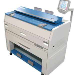 A printer with the lid open and a tablet on top.
