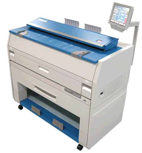 A printer with the lid open and a tablet on top.