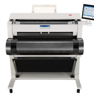 A large printer with a tablet on top of it.