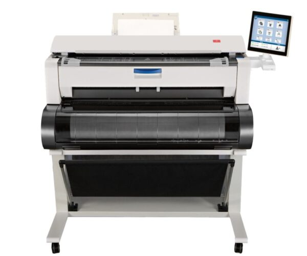 A large printer with a tablet on top of it.