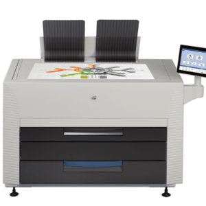 A printer with two chairs on top of it.