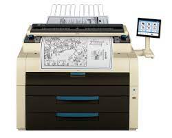 A large printer with a drawing on the screen.