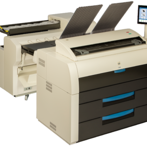 A row of printers with one printer open.