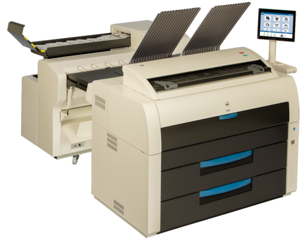 A row of printers with one printer open.