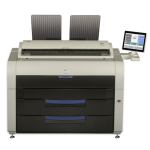 A large printer with two chairs on top of it.