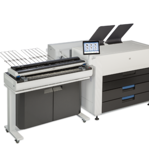 A large printer with two drawers and one drawer open.