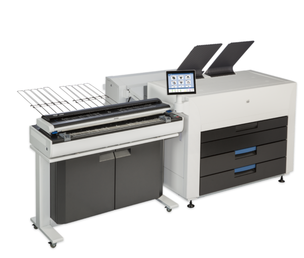 A large printer with two drawers and one drawer open.