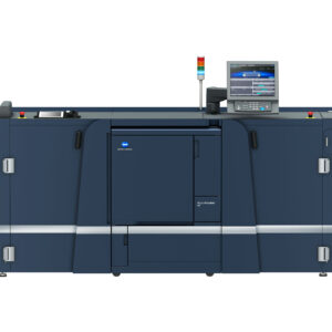 A large printer with two doors open and a monitor on top.