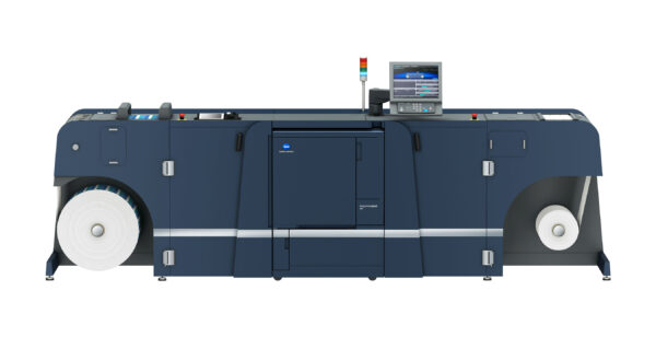 A large printer with two doors open and a monitor on top.