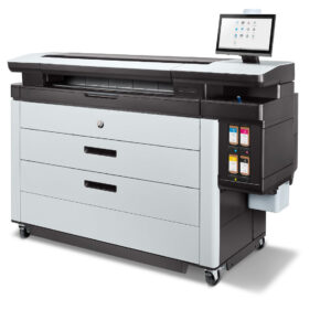 A large printer with three drawers and two large monitors.