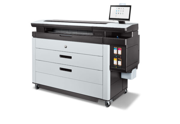 A large printer with three drawers and two large monitors.