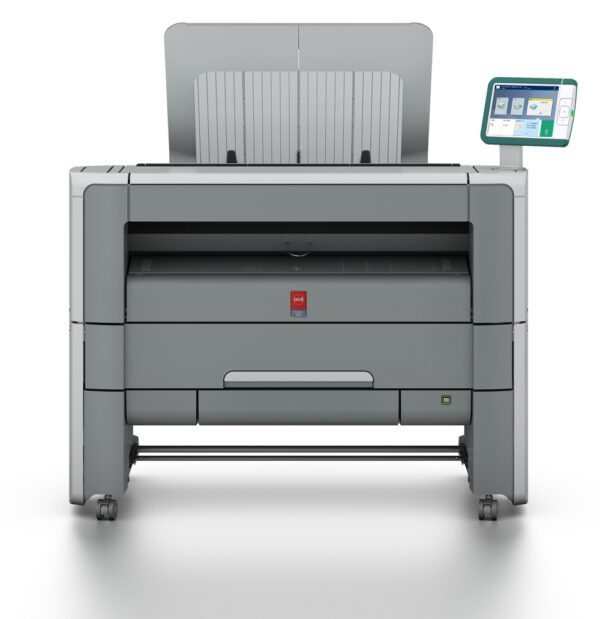 A printer with the top open and a tablet on it.