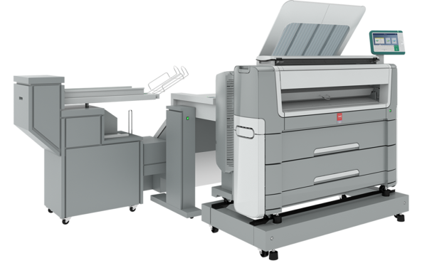 A large printer is shown with its side open.