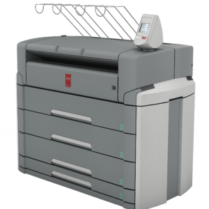 A large printer with many drawers and some papers