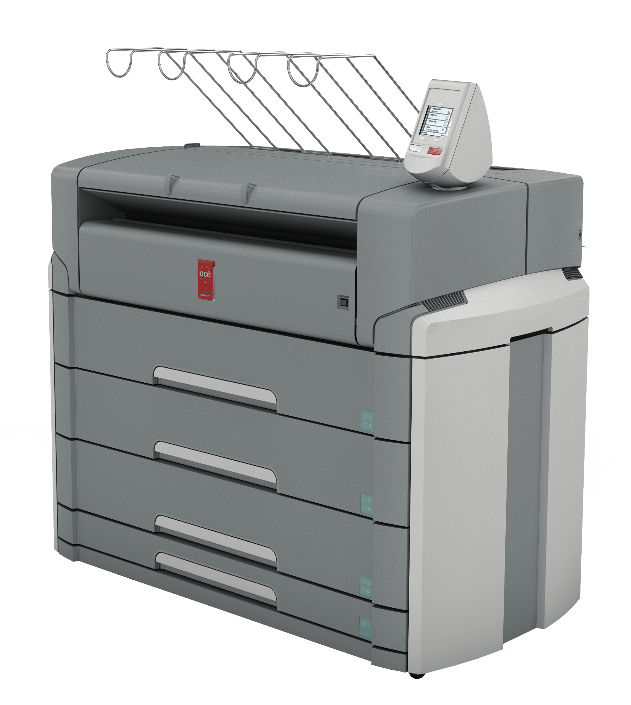 A large printer with many drawers and some papers