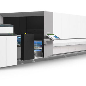 A large printer is shown with its doors open.