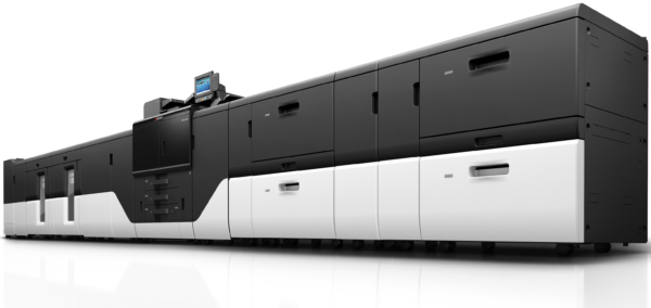 A large printer is shown with its side open.