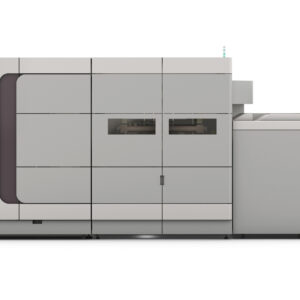 A large printer is shown with the door open.
