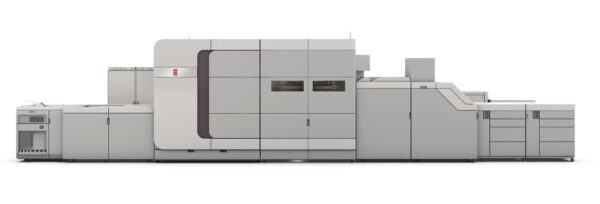 A large printer is shown with the door open.