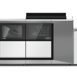 A large white oven with black trim and windows.