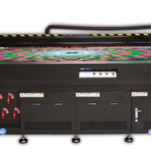 A large black printer with colorful designs on it.