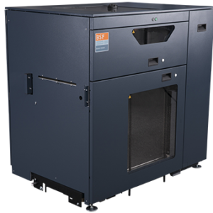 A large metal cabinet with a door open.