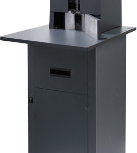 A black cabinet with a metal top and door.