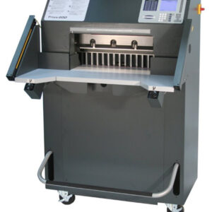 A machine that is on some wheels and has a bunch of paper
