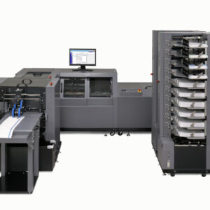 A large printer with many trays in it