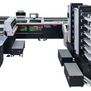 A large printer is shown with many shelves.